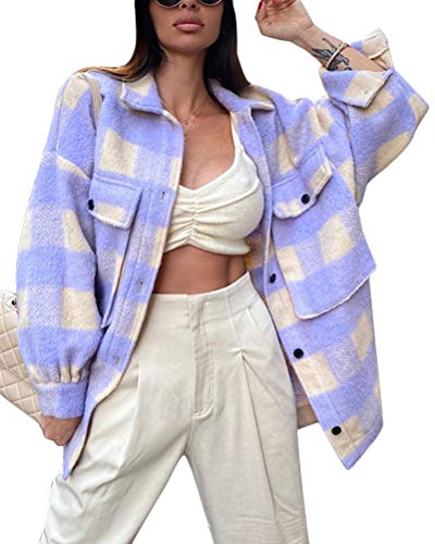 Minetom Damen Kariertes Taschen Knöpfen Langarm Oversize Bluse Mantel Hemdjacke Holzfällerjacke Mode Boyfreind Jeansjacke B Violett Medium von Minetom
