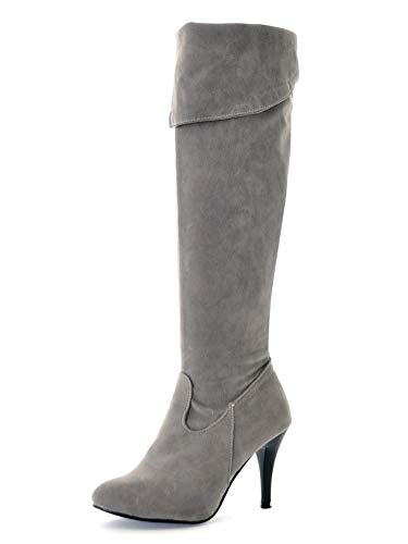Minetom Damen Klassische Stiefel Stiletto über Knie Lange Stiefel Langschaft Stiefeletten mit Pfennigabsatz PU Leder Wildleder Overknees Boots Winterstiefel A Grau 44 EU von Minetom