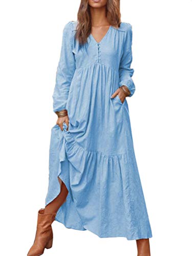 Minetom Damen Kleid Langarm V-Ausschnitt A-Linie Maxi Kleider Lose Swing Casual Blusen Tunika Leinen Kleid mit Tasche Blau 40 von Minetom