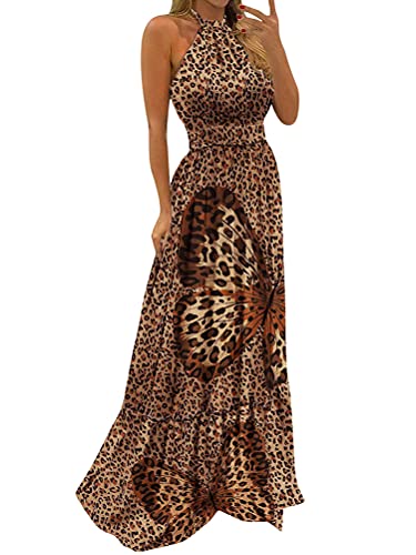 Minetom Damen Kleid Strandkleid A-Linie Sommerkleid Schulterfrei Ärmellos Viele Färben Böhmen Partykleid Maxikleider C Leopard 40 von Minetom