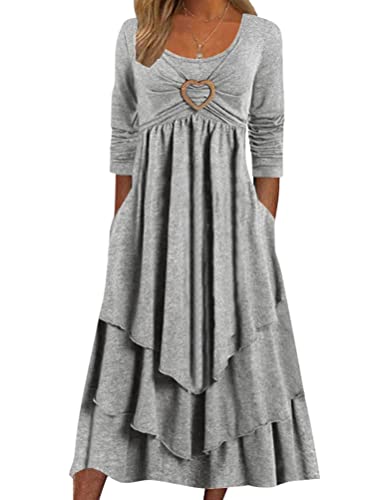 Minetom Damen Kleid U-Ausschnitt Langarm Kleid Liebes Ringschnalle Dekoration Midi Freizeitkleider Mehrlagiger Saum Retro Tortenkleid A Grau M von Minetom