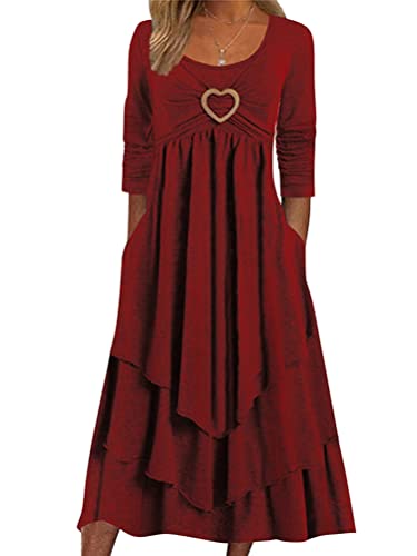 Minetom Damen Kleid U-Ausschnitt Langarm Kleid Liebes Ringschnalle Dekoration Midi Freizeitkleider Mehrlagiger Saum Retro Tortenkleid A Rot XL von Minetom