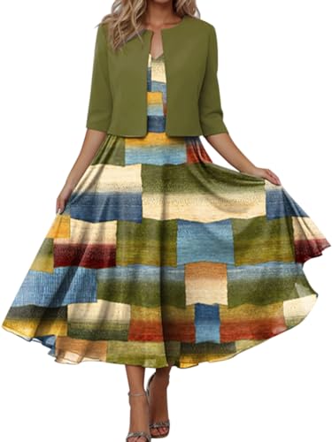 Minetom Damen Kleid mit Bolero Set Zweiteiler Elegant Cocktailkleid Abendkleid Partykleid Hochzeit Ballkleid Drucken Langes Kleid mit Cardigan A Grün M von Minetom