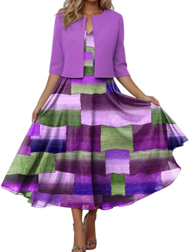 Minetom Damen Kleid mit Bolero Set Zweiteiler Elegant Cocktailkleid Abendkleid Partykleid Hochzeit Ballkleid Drucken Langes Kleid mit Cardigan A Violett XXL von Minetom