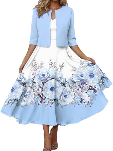 Minetom Damen Kleid mit Bolero Set Zweiteiler Elegant Cocktailkleid Abendkleid Partykleid Hochzeit Ballkleid Drucken Langes Kleid mit Cardigan C Blau L Minetom Damen Kleid mit Bolero Set Zweiteiler Elegant Cocktailkleid Abendkleid Partykleid Hochzeit Ballkleid Drucken Langes Kleid mit Cardigan C Blau L von Minetom
