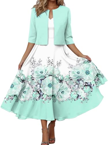 Minetom Damen Kleid mit Bolero Set Zweiteiler Elegant Cocktailkleid Abendkleid Partykleid Hochzeit Ballkleid Drucken Langes Kleid mit Cardigan C Grün XS von Minetom