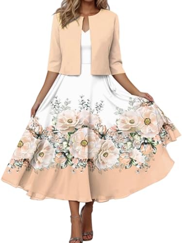 Minetom Damen Kleid mit Bolero Set Zweiteiler Elegant Cocktailkleid Abendkleid Partykleid Hochzeit Ballkleid Drucken Langes Kleid mit Cardigan C Khaki L von Minetom