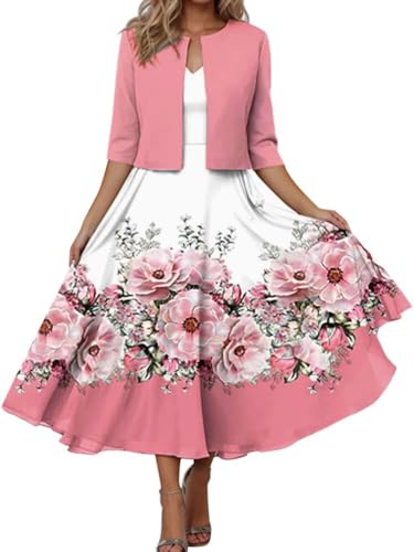 Minetom Damen Kleid mit Bolero Set Zweiteiler Elegant Cocktailkleid Abendkleid Partykleid Hochzeit Ballkleid Drucken Langes Kleid mit Cardigan C Rosa XL von Minetom
