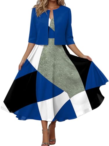 Minetom Damen Kleid mit Bolero Set Zweiteiler Elegant Cocktailkleid Abendkleid Partykleid Hochzeit Ballkleid Drucken Langes Kleid mit Cardigan D Blau 3XL von Minetom