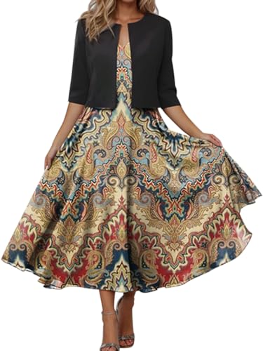 Minetom Damen Kleid mit Bolero Set Zweiteiler Elegant Cocktailkleid Abendkleid Partykleid Hochzeit Ballkleid Drucken Langes Kleid mit Cardigan E Khaki XL von Minetom
