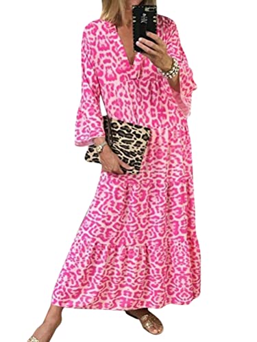 Minetom Damen Kleider Boho Sommerkleid V-Ausschnitt Freizeit Maxikleid 3/4 Ärmel Druck Swing Strandkleid Lang A Rosa 36 von Minetom