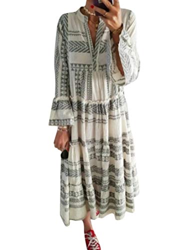 Minetom Damen Kleider Boho Sommerkleid V-Ausschnitt Freizeit Maxikleid Kurzarm Druck Swing Strandkleid Lang C Grau 48 Minetom Damen Kleider Boho Sommerkleid V-Ausschnitt Freizeit Maxikleid Kurzarm Druck Swing Strandkleid Lang C Grau 48 von Minetom