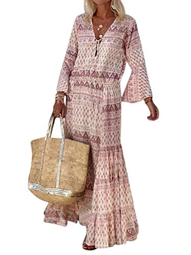 Minetom Damen Kleider Boho Sommerkleid V-Ausschnitt Freizeit Maxikleid Kurzarm Druck Swing Strandkleid Lang G Rosa 44 von Minetom