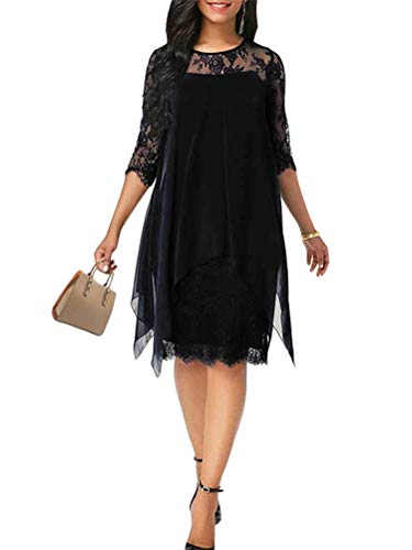 Minetom Damen Kleider Elegant Spitzenkleid 3/4 Ärmel Cocktailkleid Rundhals Knielang Rockabilly Kleid Schwarz 50 von Minetom