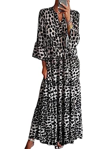 Minetom Damen Kleider Leopard Kleid Sommer V-Ausschnitt Shirtkleider Elegante Maxikleid Freizeitkleid Langarm Langes Kleid C Grau L von Minetom