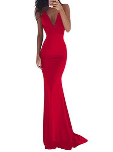 Minetom Damen Kleider Sexy Rückenfrei Lang Ärmelloses Kleid Einfarbig V-Ausschnitt Maxikleid Cocktailkleid Partykleid Abendkleid Rot S von Minetom