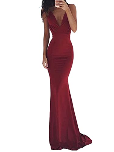 Minetom Damen Kleider Sexy Rückenfrei Lang Ärmelloses Kleid Einfarbig V-Ausschnitt Maxikleid Cocktailkleid Partykleid Abendkleid Weinrot M von Minetom