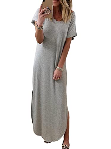 Minetom Damen Kleider Sommerkleid Rundhals Einfarbig Maxikleid Kurzarm T-Shirt Langes Kleid Oversize Lose Strand Kleider O Grau L von Minetom