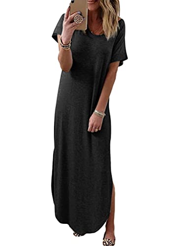 Minetom Damen Kleider Sommerkleid Rundhals Einfarbig Maxikleid Kurzarm T-Shirt Langes Kleid Oversize Lose Strand Kleider O Schwarz S von Minetom