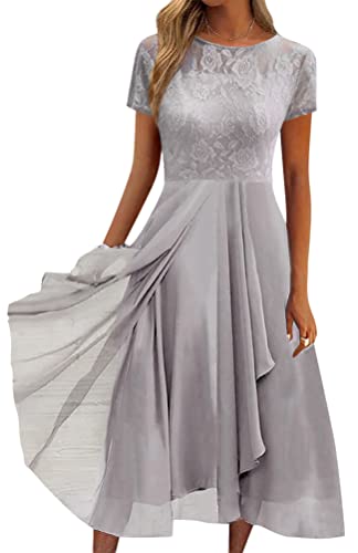 Minetom Damen Kleider Spitzenkleid Chiffon Cocktailkleid Festliches Ballkleid Brautjungfernkleider Für Hochzeit Midi Abendkleider A Grau XL von Minetom