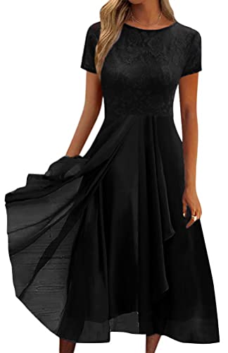 Minetom Damen Kleider Spitzenkleid Chiffon Cocktailkleid Festliches Ballkleid Brautjungfernkleider Für Hochzeit Midi Abendkleider A Schwarz XXL von Minetom