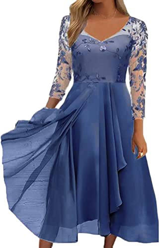 Minetom Damen Kleider Spitzenkleid Chiffon Cocktailkleid Festliches Ballkleid Brautjungfernkleider Für Hochzeit Midi Abendkleider F Blau XXL von Minetom