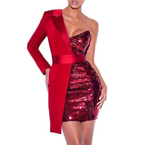 Minetom Damen Kleider Spleißen Glitzer Minikleider Rückenfreies Bodycon Kleid Schulterfrei Partykleider Blazer Kleid Rot 38 von Minetom