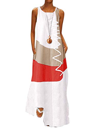 Minetom Damen Kleider Strand A-Linie Kleid Ärmellos Sommerkleider Lose Maxi Langes Kleid mit Taschen B Weiß 42 von Minetom