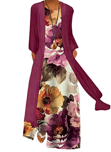 Minetom Damen Kleider Strand A-Linie Kleid Langarm Sommerkleider Böhmen Lose Maxi Langes Kleider Große Größe Tüll Strickjacke B Rot 3XL von Minetom