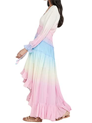 Minetom Damen Kleider Strand A-Linie Kleid Langarm Sommerkleider Boho V-Ausschnitt Maxi Kleider Blumen Streifen Blumenkleid Maxikleid F2 Rosa XL von Minetom