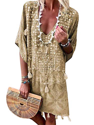 Minetom Damen Kleider Strand A-Linie Kleid Langarm Sommerkleider Boho V-Ausschnitt Quaste Tunika Mini Kleider A Khaki XL von Minetom