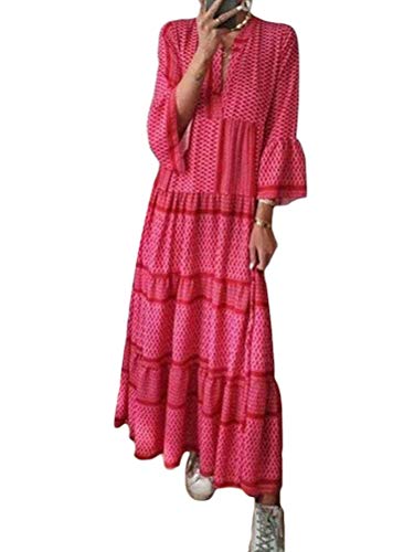 Minetom Damen Kleider Strand A-Linie Kleid Langarm Sommerkleider Boho V-Ausschnitt Tunika Maxi Kleider Blumen Blumenkleid Maxikleid B Rot XXL von Minetom