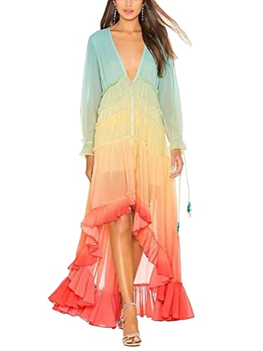 Minetom Damen Kleider Strand A-Linie Kleid Langarm Sommerkleider Boho V-Ausschnitt Tunika Maxi Kleider Blumen Streifen Blumenkleid Maxikleid F2 Rot S von Minetom