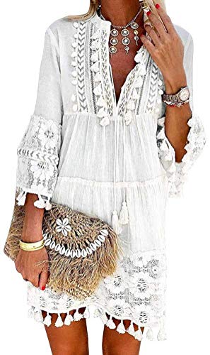 Minetom Damen Kleider Strand Casual A-Linie Kleid Langarm Sommerkleider Boho V-Ausschnitt Quaste Spitze Tunika Böhmen Mini Kleider A Weiß 38 von Minetom