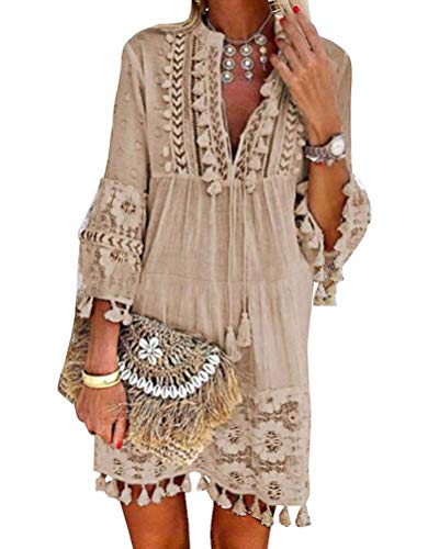 Minetom Damen Kleider Strand Elegant A-Linie Kleid Langarm Sommerkleider Boho V-Ausschnitt Quaste Spitze Tunika Böhmen Kleider A Khaki 44 von Minetom