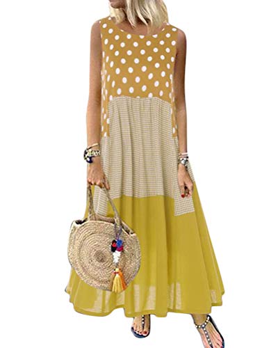 Minetom Damen Kleider Strand Elegant Casual A-Linie Kleid Ärmellos Sommerkleider Böhmen Polka Dot Lose Patchwork Maxi Langes Kleider A Gelb 46 von Minetom