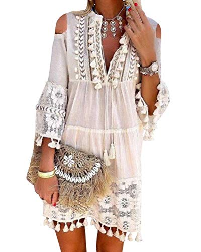 Minetom Damen Kleider Strand Elegant Casual A-Linie Kleid Langarm Sommerkleider Boho V-Ausschnitt Quaste Spitze Tunika Böhmen Mini Kleider (36, B Weiß) von Minetom