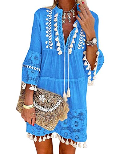 Minetom Damen Kleider Strand Elegant Casual A-Linie Kleid Langarm Sommerkleider Boho V-Ausschnitt Quaste Spitze Tunika Böhmen Mini Kleider A Blau 36 von Minetom