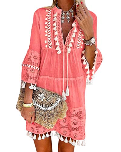 Minetom Damen Kleider Strand Elegant Casual A-Linie Kleid Langarm Sommerkleider Boho V-Ausschnitt Quaste Spitze Tunika Böhmen Mini Kleider A Rosa 34 von Minetom