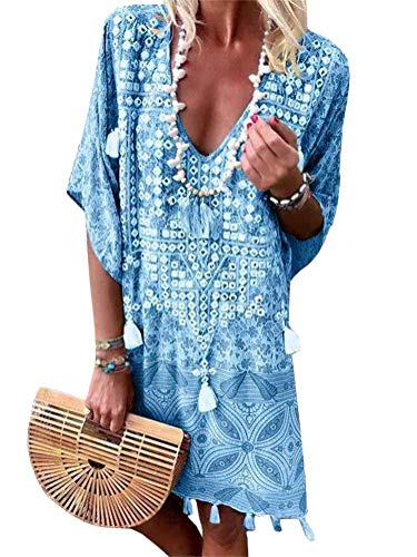 Minetom Damen Kleider Strand Elegant Casual A-Linie Kleid Langarm Sommerkleider Boho V-Ausschnitt Quaste Tunika Mini Kleider A Blau S von Minetom