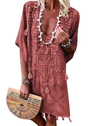 Minetom Damen Kleider Strand Elegant Casual A-Linie Kleid Langarm Sommerkleider Boho V-Ausschnitt Quaste Tunika Mini Kleider A Rot S von Minetom