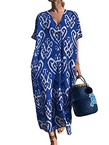 Minetom Damen Kleider Strand Elegant Casual A-Linie Kleid Langarm Sommerkleider Boho V-Ausschnitt Tunika Maxi Kleider Blumen Streifen Blumenkleid Maxikleid E Blau M von Minetom