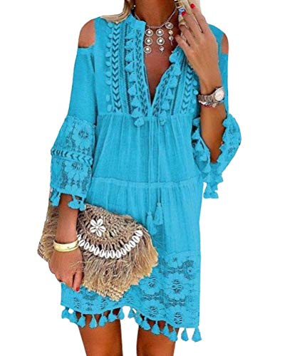 Minetom Damen Kleider Strand Elegant Casual A-Linie Langarm Sommerkleider Boho V-Ausschnitt Quaste Spitze Schulterfrei Tunika Mini Kleider Große Größe B Blau 38 von Minetom