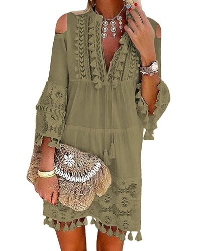 Minetom Damen Kleider Strand Elegant Casual A-Linie Langarm Sommerkleider Boho V-Ausschnitt Quaste Spitze Schulterfrei Tunika Mini Kleider Große Größe B Khaki 40 von Minetom