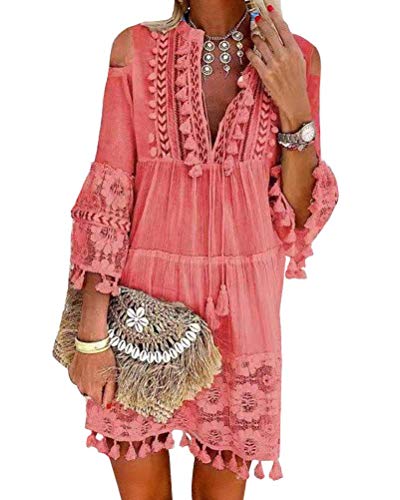 Minetom Damen Kleider Strand Elegant Casual A-Linie Langarm Sommerkleider Boho V-Ausschnitt Quaste Spitze Schulterfrei Tunika Mini Kleider Große Größe B Rosa 36 von Minetom