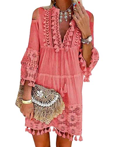 Minetom Damen Kleider Strand Elegant Casual A-Linie Langarm Sommerkleider Boho V-Ausschnitt Quaste Spitze Schulterfrei Tunika Mini Kleider Große Größe B Rosa 38 von Minetom