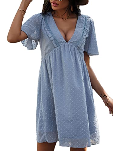 Minetom Damen Kleider Strand Elegant Casual A-Linie Sommerkleider V-Ausschnitt Spitze Tunika Mini Kleider I Blau 38 von Minetom