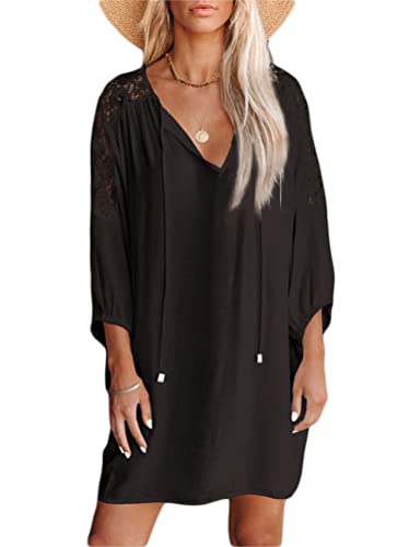 Minetom Damen Kleider Strand Elegant Casual Kleid Langarm Sommerkleider Boho V-Ausschnitt Quaste Spitze Tunika Mini Kleider E Schwarz 42 von Minetom