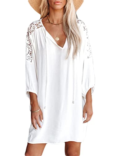 Minetom Damen Kleider Strand Elegant Casual Kleid Langarm Sommerkleider Boho V-Ausschnitt Quaste Spitze Tunika Mini Kleider E Weiß 38 von Minetom