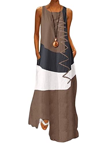 Minetom Damen Kleider Strand Elegant Vintage A-Linie Kleid Ärmellos Sommerkleider Böhmen Farbblock Lose Maxi Langes Kleid mit Taschen B Braun 42 von Minetom